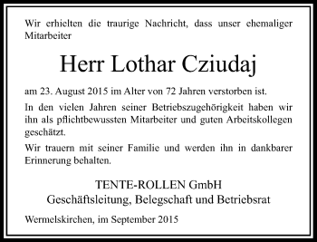 Todesanzeige von Lothar Cziudaj von Rheinische Post