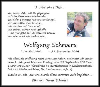 Todesanzeige von Wolfgang Schroers von Rheinische Post