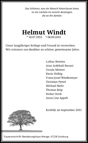 Todesanzeige von Helmut Windt von Rheinische Post
