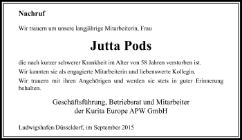 Todesanzeige von Jutta Pods von Rheinische Post
