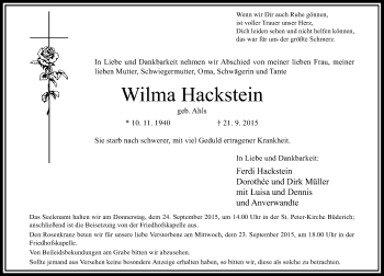 Todesanzeige von Wilma Hackstein von Rheinische Post