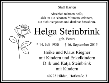 Todesanzeige von Helga Steinbrink von Rheinische Post