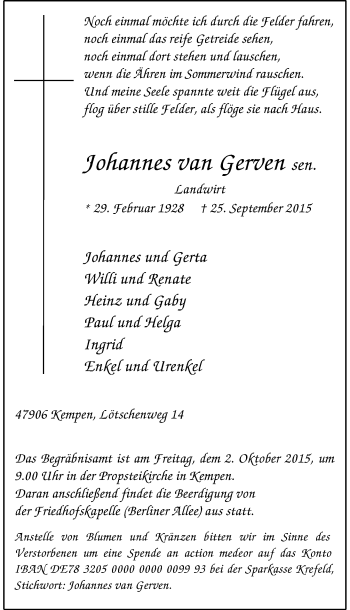 Todesanzeige von Johannes  van Gerven von Rheinische Post