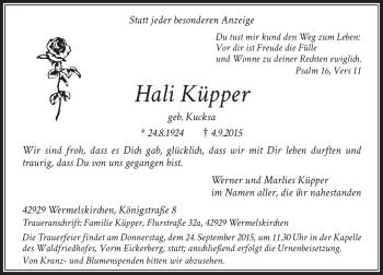 Todesanzeige von Hali Küpper von Rheinische Post