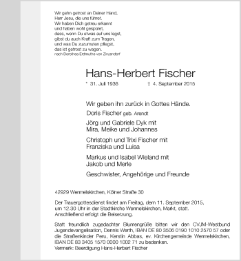Todesanzeige von Hans-Herbert Fischer von Rheinische Post