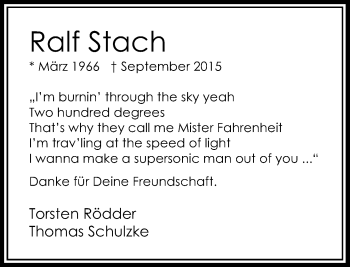 Todesanzeige von Ralf Stach von Rheinische Post
