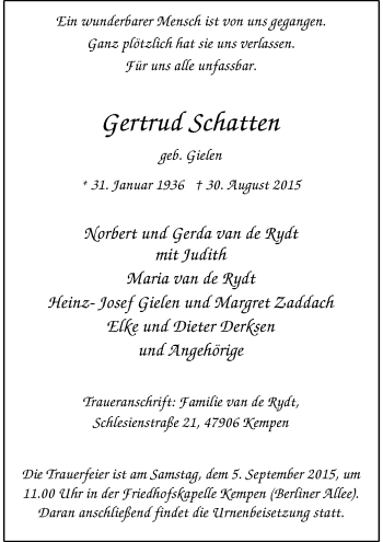 Todesanzeige von Gertrud Schatten von Rheinische Post