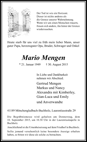 Todesanzeige von Mario Mengen von Rheinische Post
