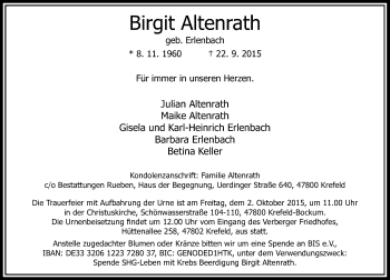 Todesanzeige von Birgit Altenrath von Rheinische Post