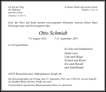 Todesanzeige von Otto Schmidt von Rheinische Post
