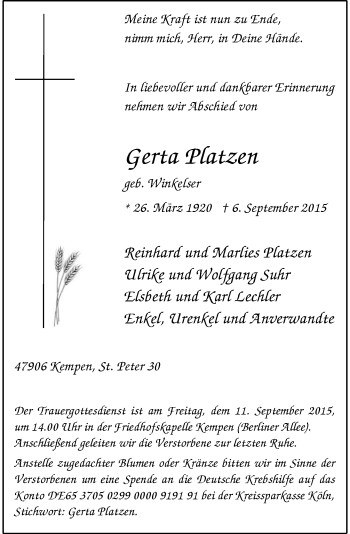 Todesanzeige von Gerta Platzen von Rheinische Post