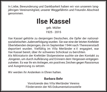 Todesanzeige von Ilse Kassel von Rheinische Post