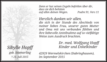 Todesanzeige von Sibylle Hopff von Rheinische Post