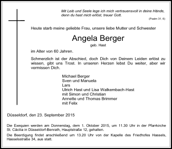 Todesanzeige von Angela Berger von Rheinische Post