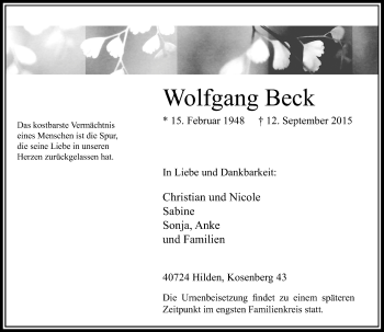 Todesanzeige von Wolfgang Beck von Rheinische Post