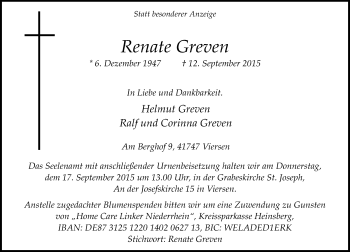 Todesanzeige von Renate Greven von Rheinische Post