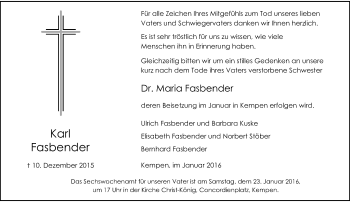 Todesanzeige von Karl Fasbender von Rheinische Post