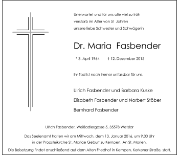 Todesanzeige von Maria Fasbender von Rheinische Post