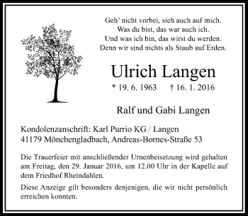 Todesanzeige von Ulrich Langen von Rheinische Post