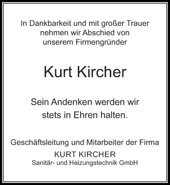 Todesanzeige von Kurt Kircher von Rheinische Post