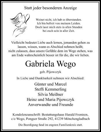 Todesanzeige von Gabriela Wego von Rheinische Post