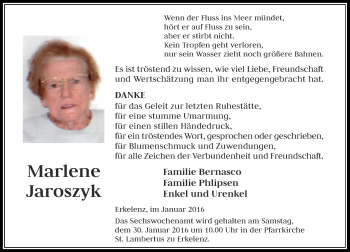 Todesanzeige von Marlene Jaroszyk von Rheinische Post