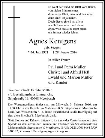 Todesanzeige von Agnes Kentgens von Rheinische Post
