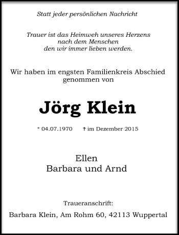Todesanzeige von Jörg Klein von Rheinische Post