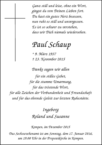 Todesanzeige von Paul Schaup von Rheinische Post