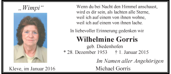 Todesanzeige von Wilhelmine Gorris von Rheinische Post