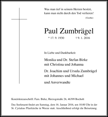 Todesanzeige von Paul Zumbrügel von Rheinische Post