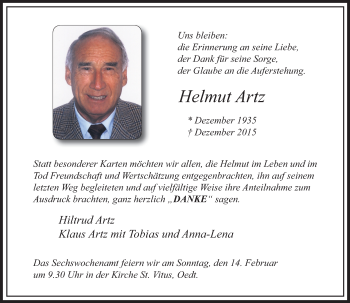 Todesanzeige von Helmut Artz von Rheinische Post