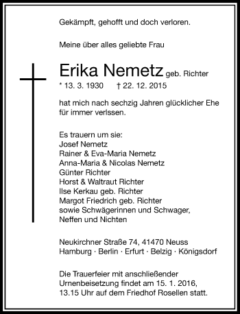 Todesanzeige von Erika Nemetz von Rheinische Post