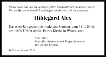 Todesanzeige von Hildegard Alex von Rheinische Post