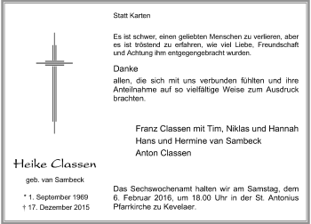 Todesanzeige von Heike Classen von Rheinische Post