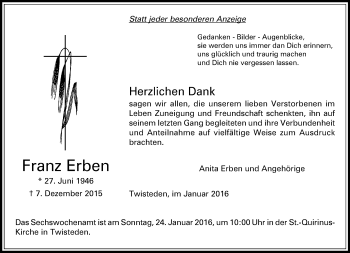 Todesanzeige von Franz Erben von Rheinische Post