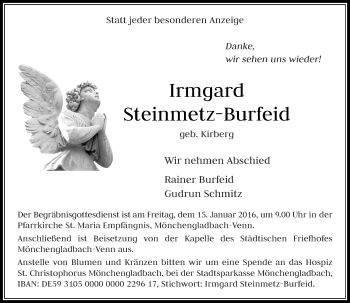 Todesanzeige von Irmgard Steinmetz-Burfeid von Rheinische Post