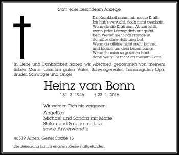 Todesanzeige von Heinz van Bonn von Rheinische Post
