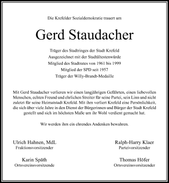 Todesanzeige von Gerd Staudacher von Rheinische Post