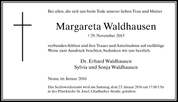 Todesanzeige von Margareta Waldhausen von Rheinische Post