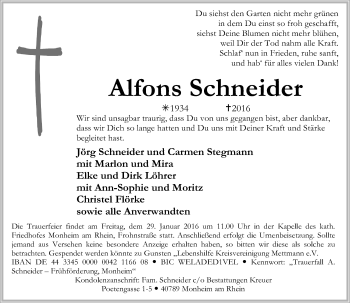 Todesanzeige von Alfons Schneider von Rheinische Post