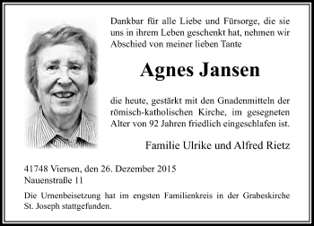 Todesanzeige von Agnes Jansen von Rheinische Post