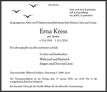 Todesanzeige von Erna Kress von Rheinische Post