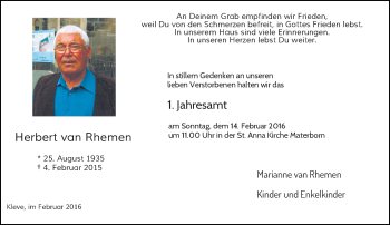 Todesanzeige von Herbert van Rhemen von Rheinische Post