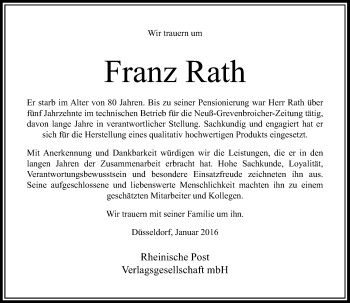 Todesanzeige von Franz Rath von Rheinische Post