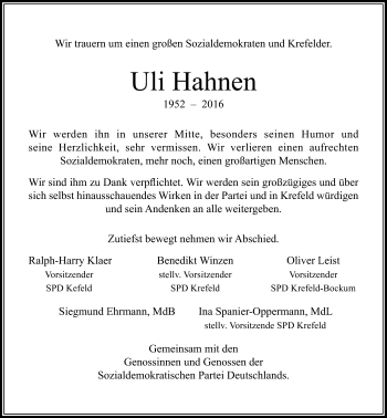 Todesanzeige von Uli Hahnen von Rheinische Post