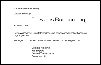 Todesanzeige von Klaus Bunnenberg von Rheinische Post