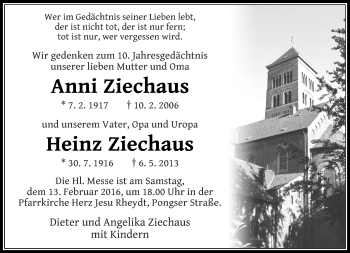 Todesanzeige von Anni und Heinz Ziechaus von Rheinische Post