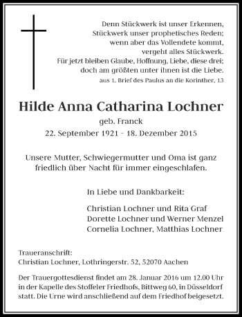 Todesanzeige von Hilde Anna Catharina Lochner von Rheinische Post
