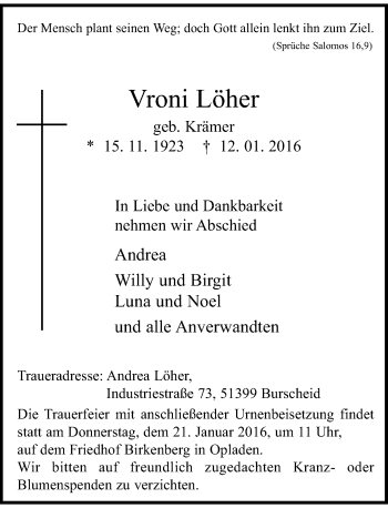 Todesanzeige von Vroni Löher von Rheinische Post